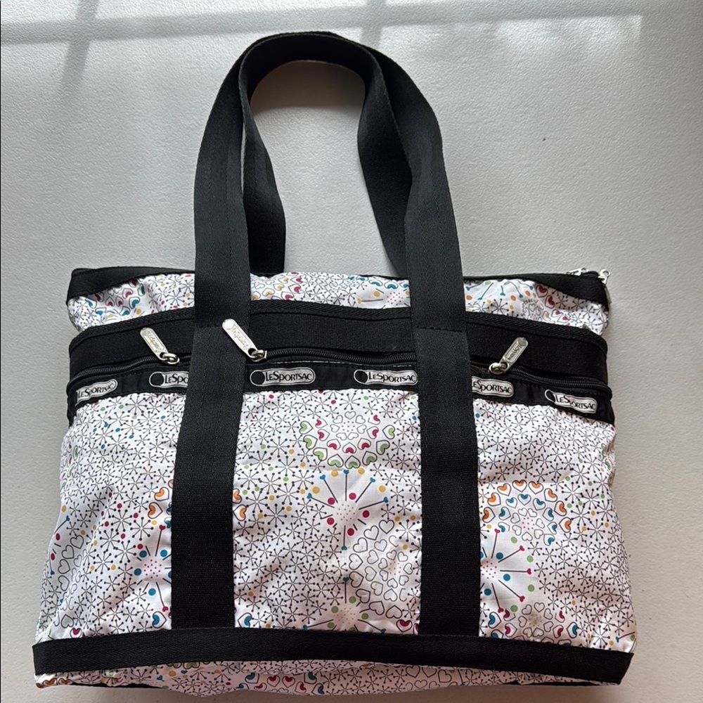 LeSportsac White Patterned Heart Tote with Black Straps Cheerful Multi-color Med